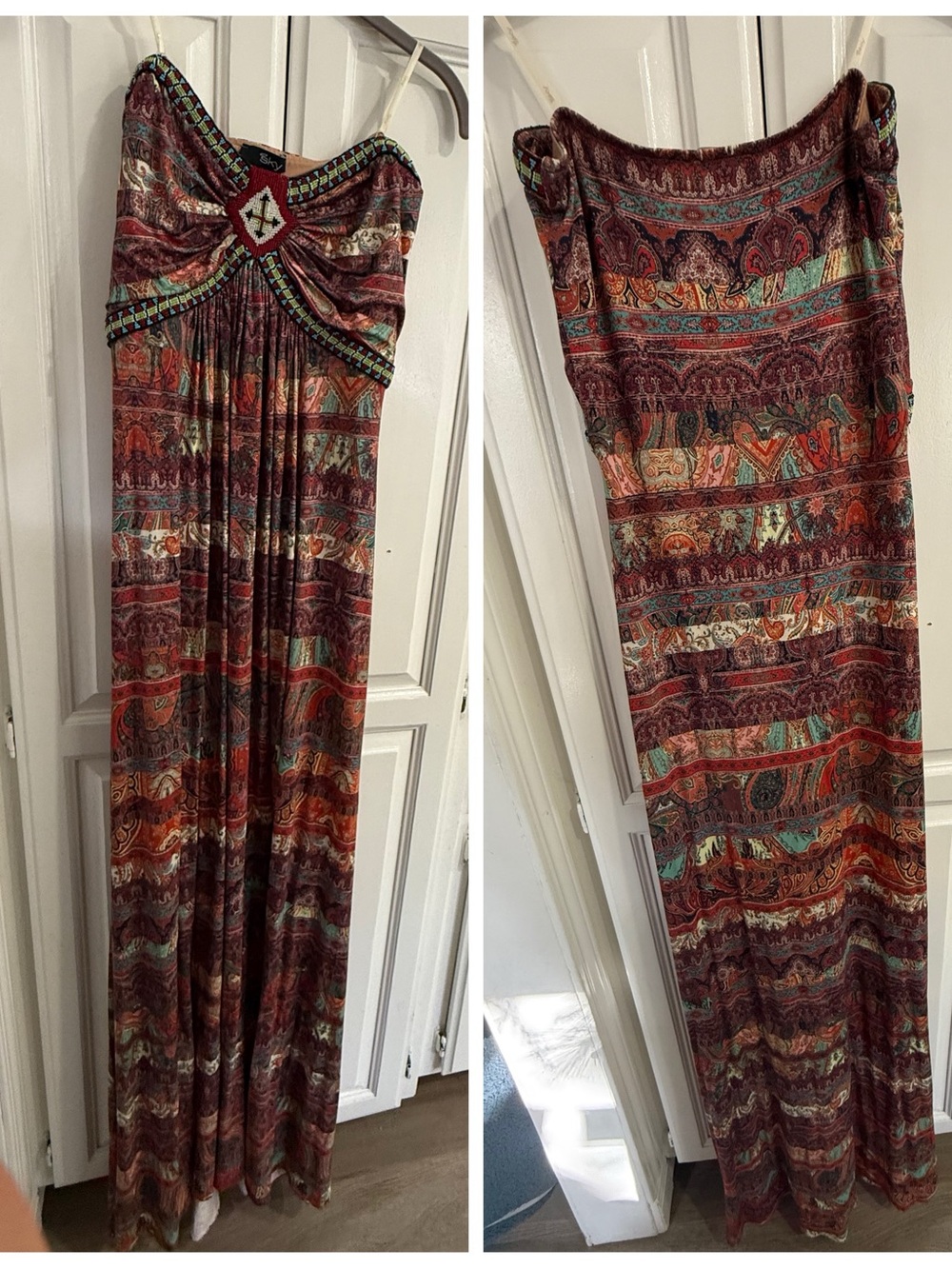 Sky Boho Beaded Strapless Paisley Maxi Dress Womens Sz L vintage Y2K - Picture 10 of 10